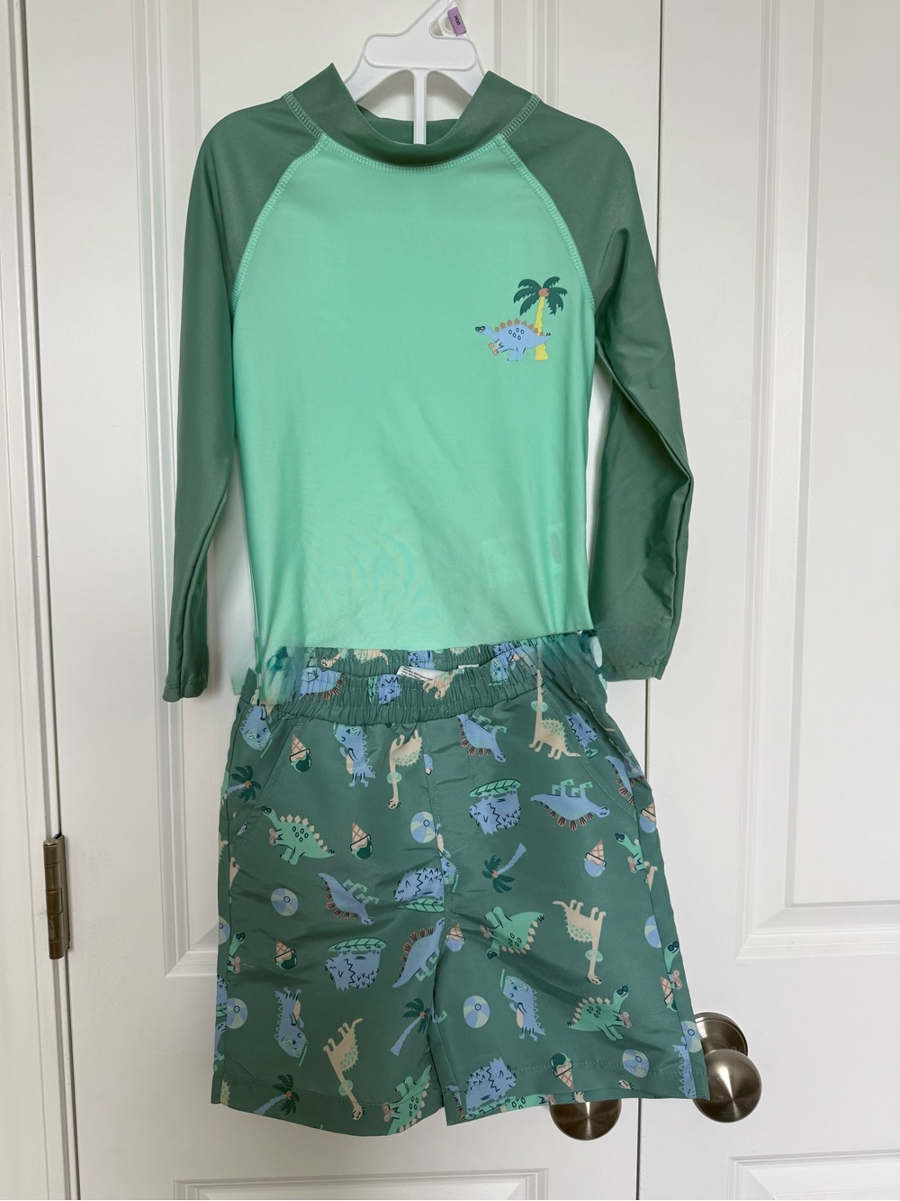 Kids Green Dinosaur Rash Guard Set - Long Sleeve Swim Top & Shorts
